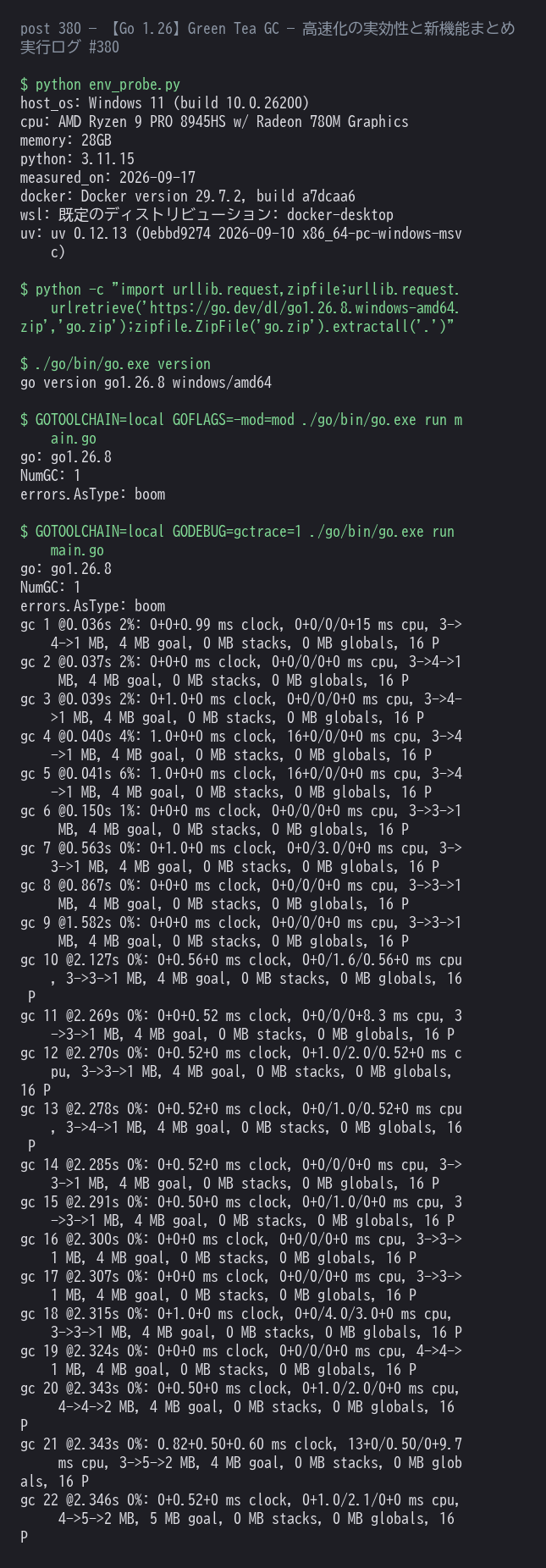 Go 1.26.8 で errors.AsType の動作と、GC のトレース（GODEBUG=gctrace=1）を実際に確認した結果