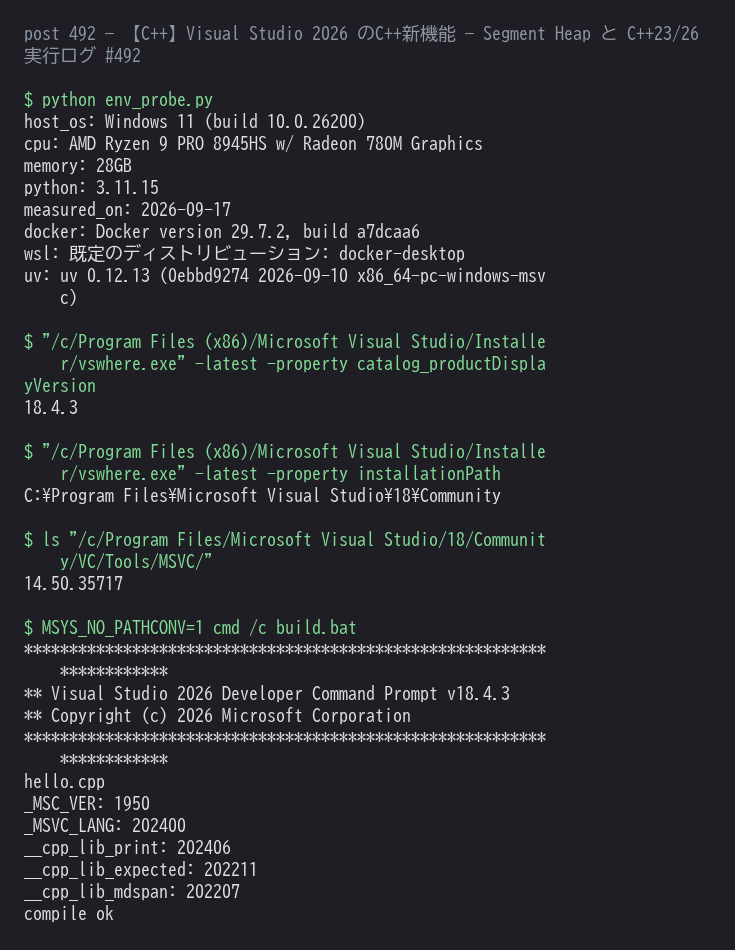 MSVC で C++23/26 の機能テストマクロを含むコードを実際にコンイル・実行した結果