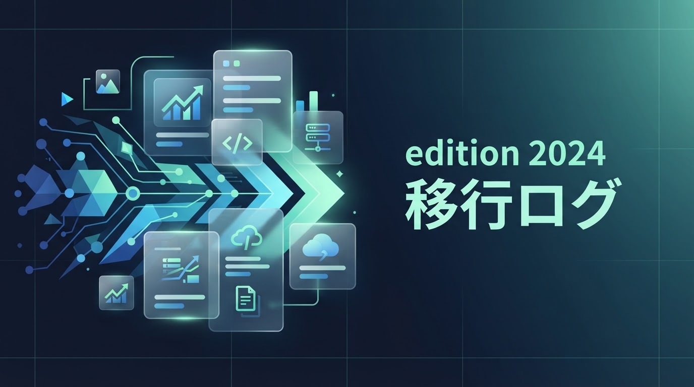 Rust の edition 2024 への移行を表したアイキャッチ画像。暗い背景に幾何学的な図形と光の帯