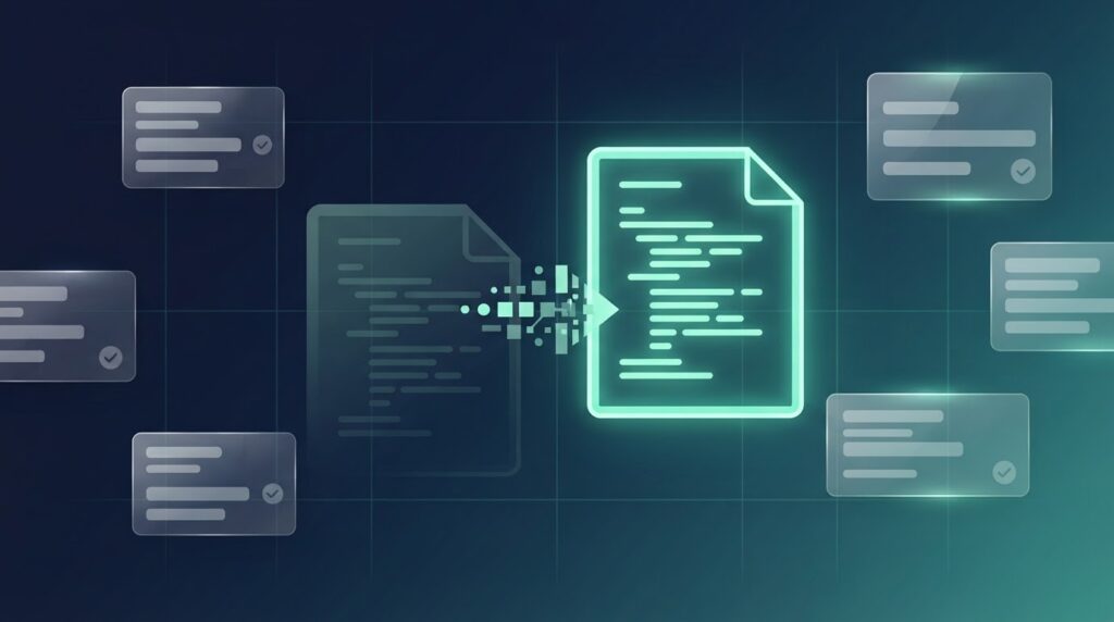 旧形式の設定ファイルから新しい flat config へ移り変わる様子を、抽象的なカードと矢印で表したアイキャッチ画像