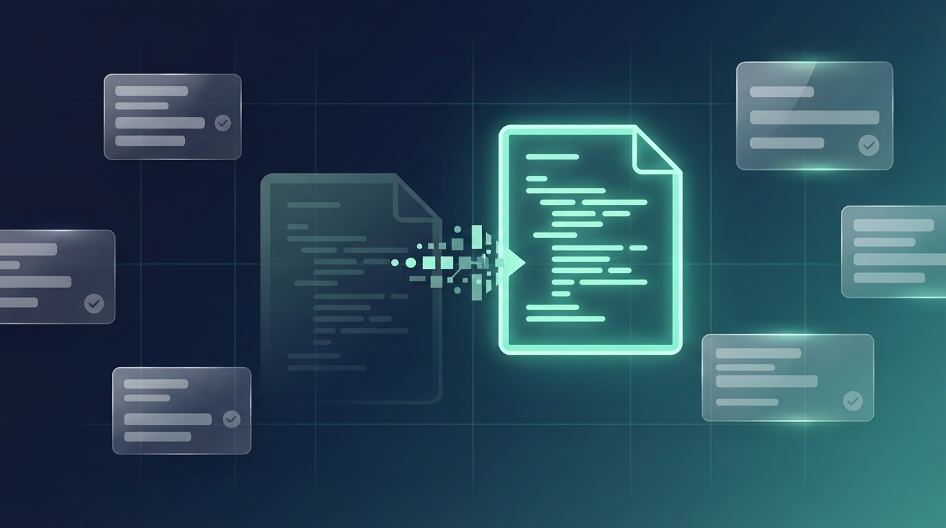 旧形式の設定ファイルから新しい flat config へ移り変わる様子を、抽象的なカードと矢印で表したアイキャッチ画像